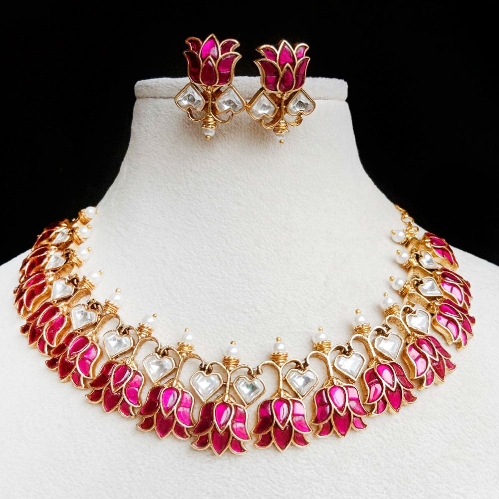 Handmade Brass Metal Jewellery Pink Lotus Necklace Set